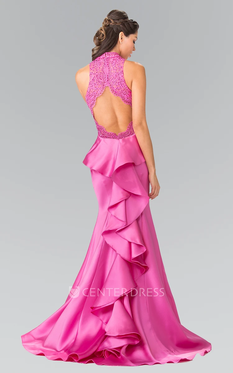 Mermaid High Neck Satin Keyhole Dress With Cascading Ruffles And Appliques