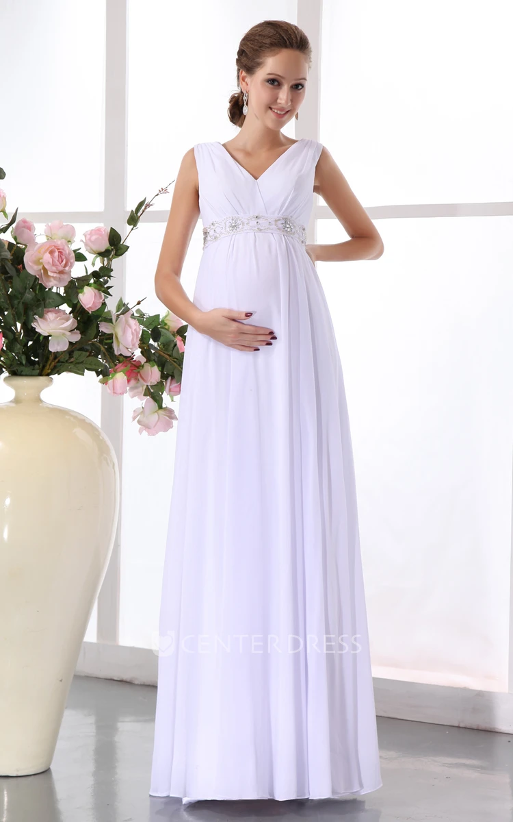 Empire Chiffon Maternity V-Neck Wedding Gown With Beaded Waist