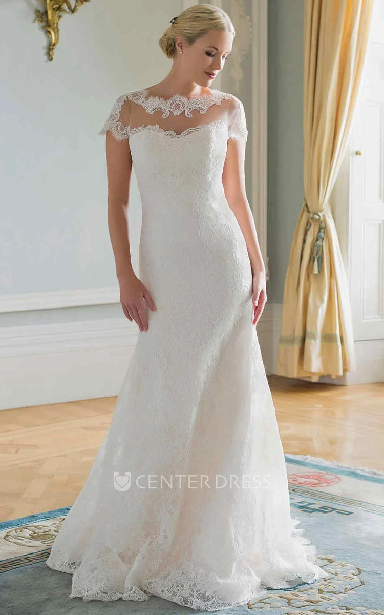 Cap-Sleeve High Neck Long Lace Wedding Dress