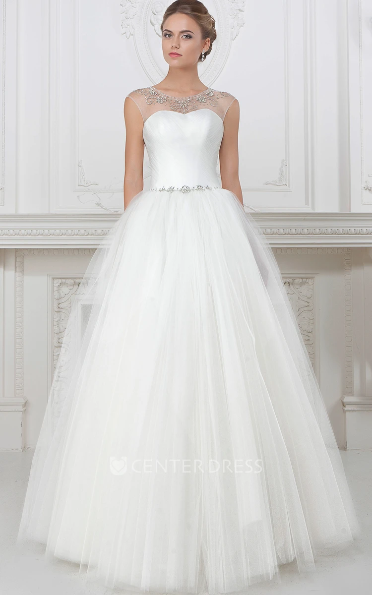 Ball Gown Beaded Floor-Length Scoop-Neck Tulle Wedding Dress With Pleats And Ruching
