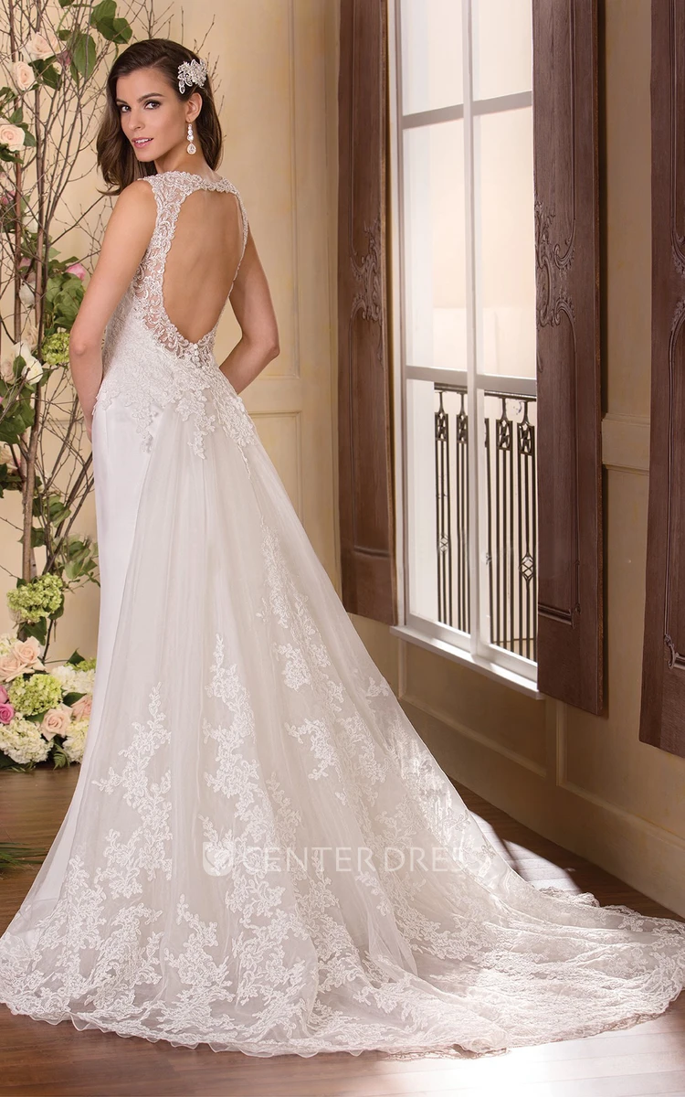 Sleeveless Long Wedding Dress with Appliques and Keyhole Back