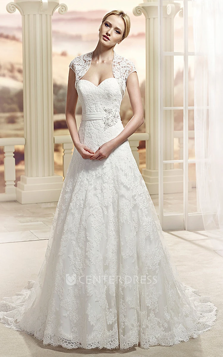 A-Line Floor-Length Caped Sweetheart Lace Wedding Dress With Appliques And Broach