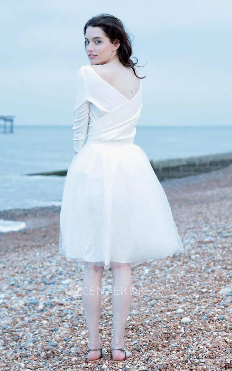 Modest Simple A-Line Short Beach Satin Tulle Wedding Dress Modern Casual Minimalist Boat Neckline Half Sleeve Mini Bridal Gown