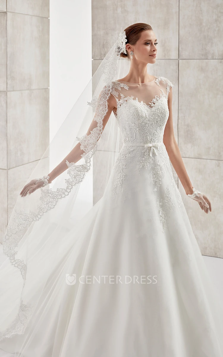 Jewel-Neck Cap-Sleeve A-Line Long Wedding Dress With Illusive Design And Appliques