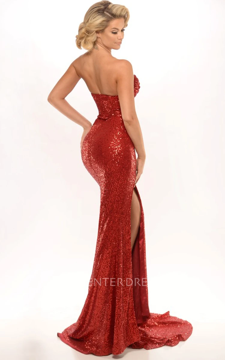 Sheath Sweetheart Sleeveless Split-Front Maxi Sequins Prom Dress With Backless Style And Pleats