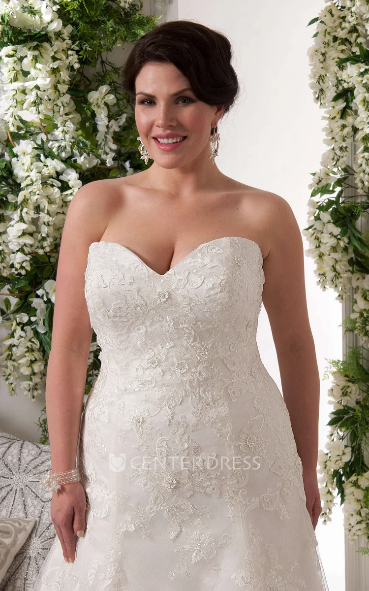 A-Line Floor-Length Sleeveless Sweetheart Appliqued Lace Plus Size Wedding Dress