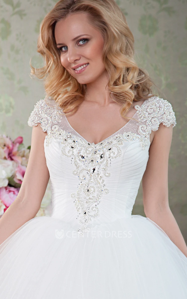 Floor-Length V-Neck Beaded Ruched Tulle Wedding Dress With Chapel Train And Lace Up