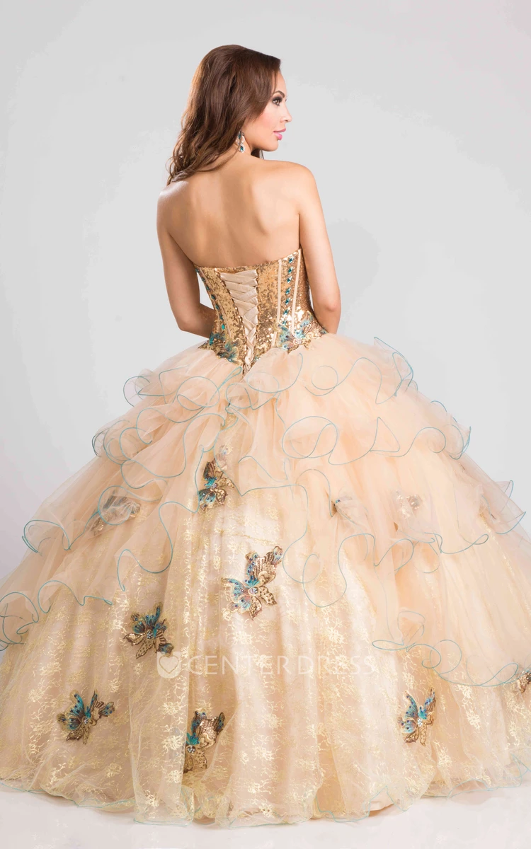 Lace And Organza Ball Gown With Ruffles And Beaded Flowers