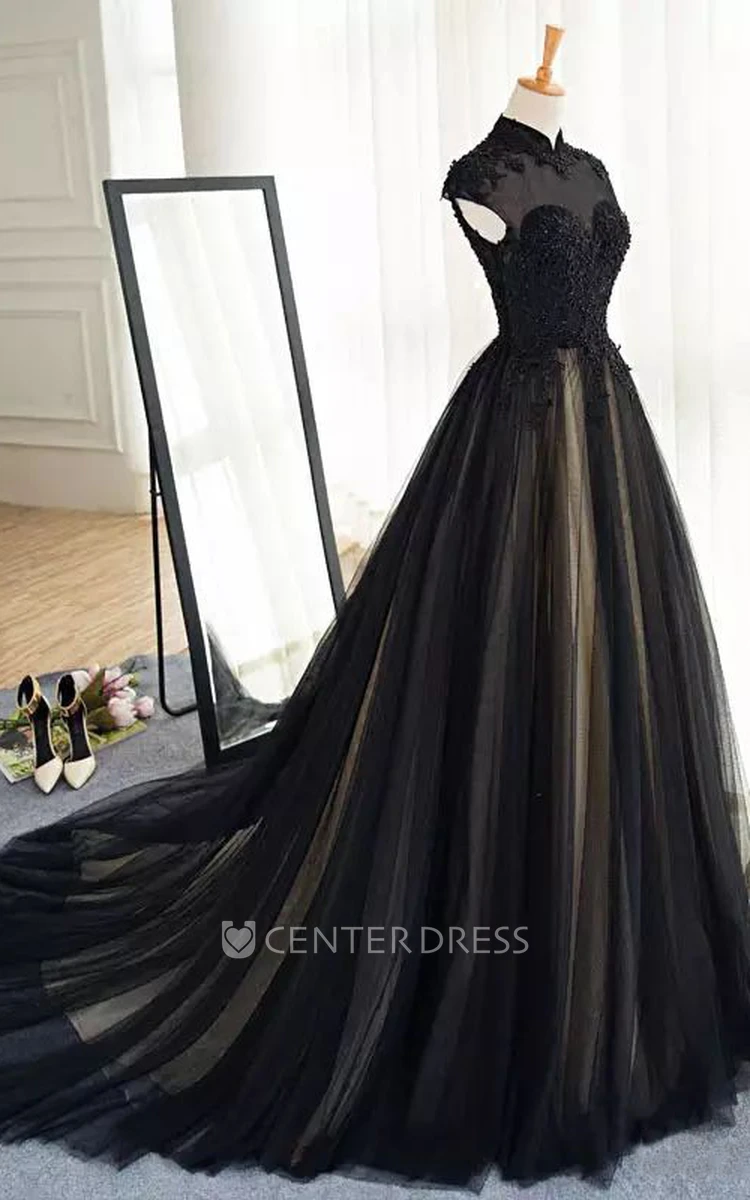 A Line Short Sleeve High Neck Tulle Appliques Wedding Dress A Line Short Sleeve High Neck Tulle Appliques Wedding Dress