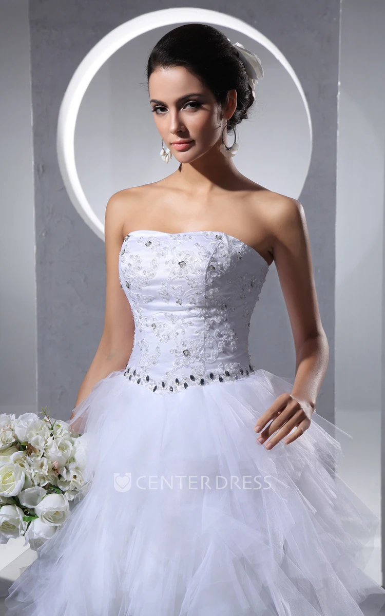 Sleeveless Strapless Midi Tulle Wedding Dress With Crystal Detailing And Ruffles