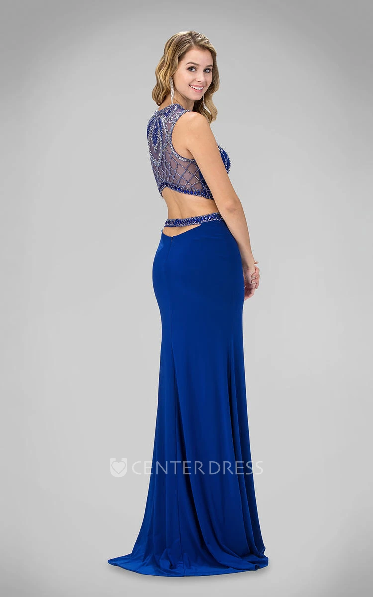 Sheath Long Jewel-Neck Sleeveless Jersey Illusion Dress With Beading And Split Front