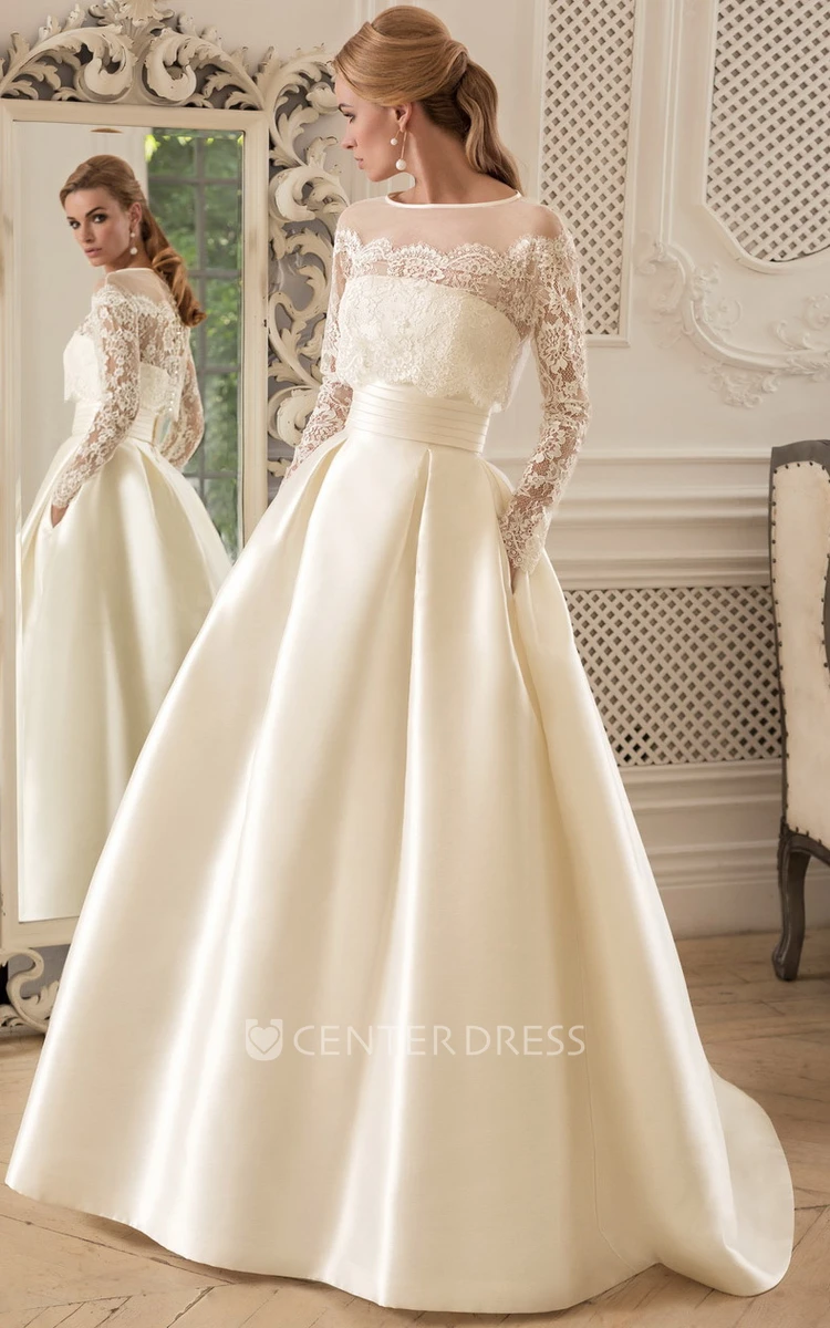 Modern Satin A Line Floor-length Long Sleeve Jewel Wedding Dress with Ruching