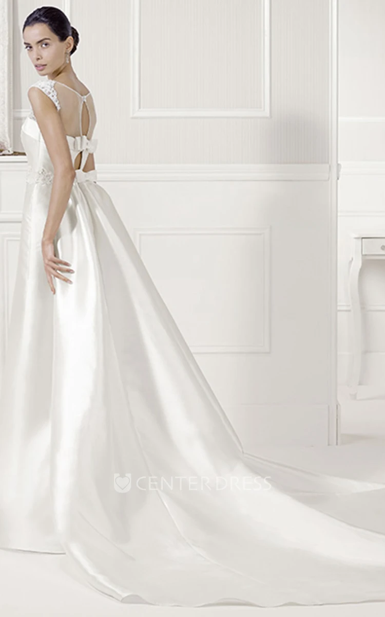 Jewel Neck Lace Sash Satin Bridal Gown With Back Keyholes And Bows