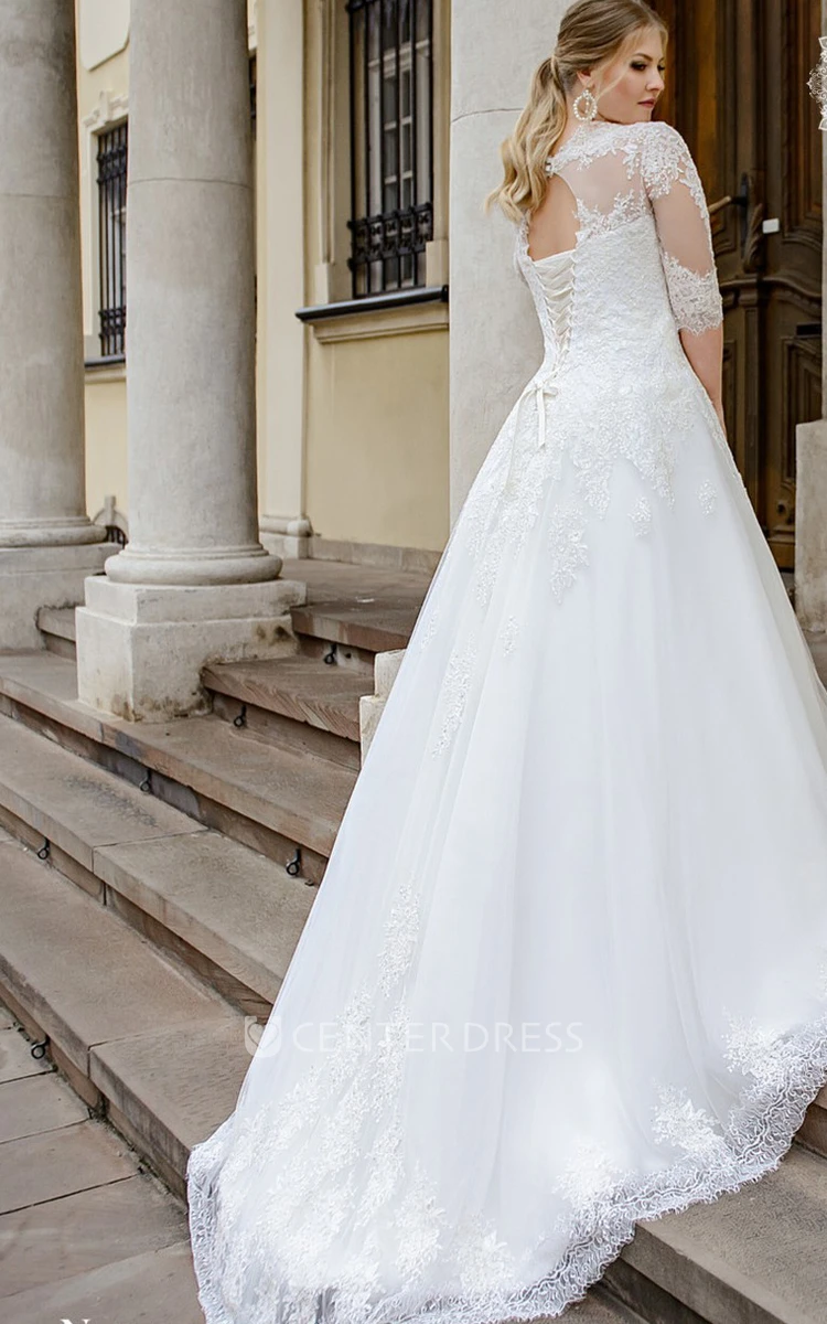 Romantic Lace Ball Gown Floor-length Train Half Sleeve Queen Anne Wedding Dress with Appliques