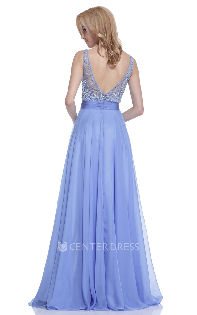 A-Line Long Scoop-Neck Sleeveless Chiffon Low-V Back Dress With Beading And Pleats
