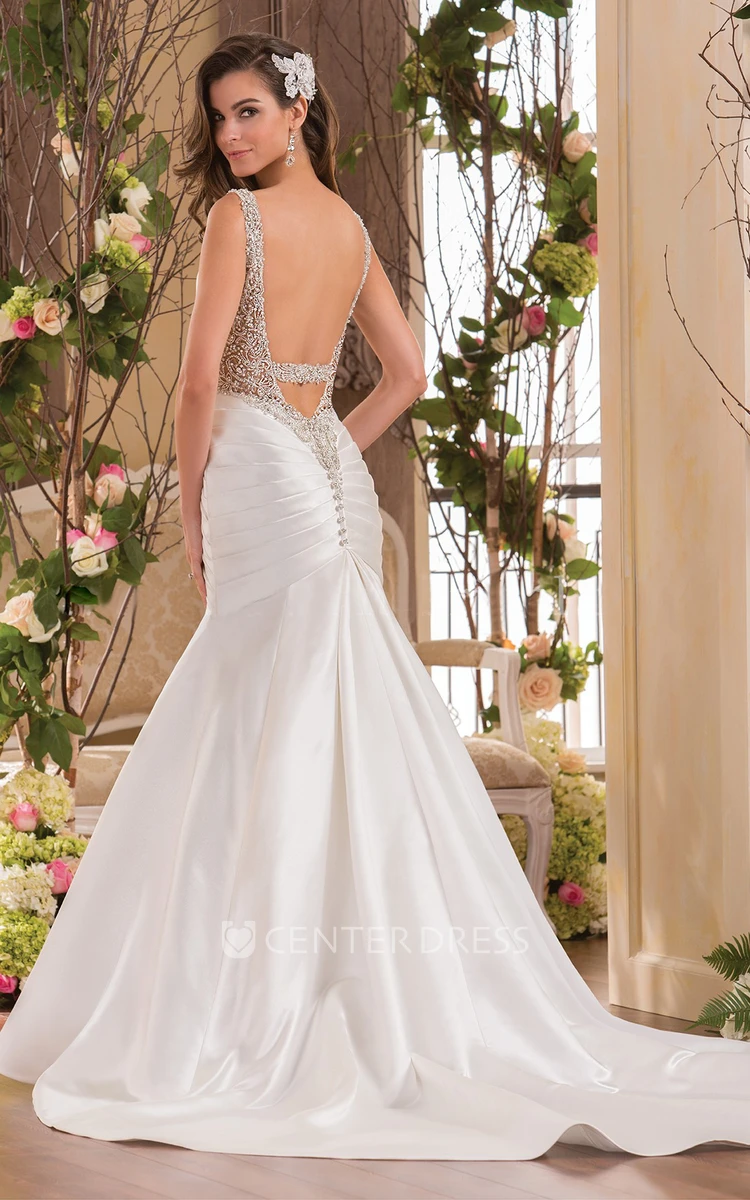 Sleeveless V-Neck Mermaid Wedding Dress With Asymmetrical Ruching And Jewels