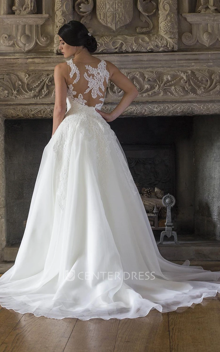 A-Line Floor-Length Scoop-Neck Appliqued Sleeveless Lace Wedding Dress