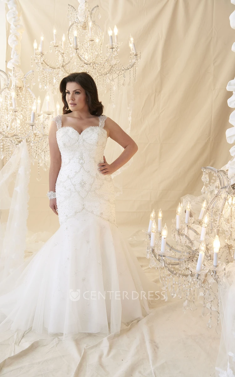 Mermaid Sleeveless Floor-Length Beaded Tulle Plus Size Wedding Dress