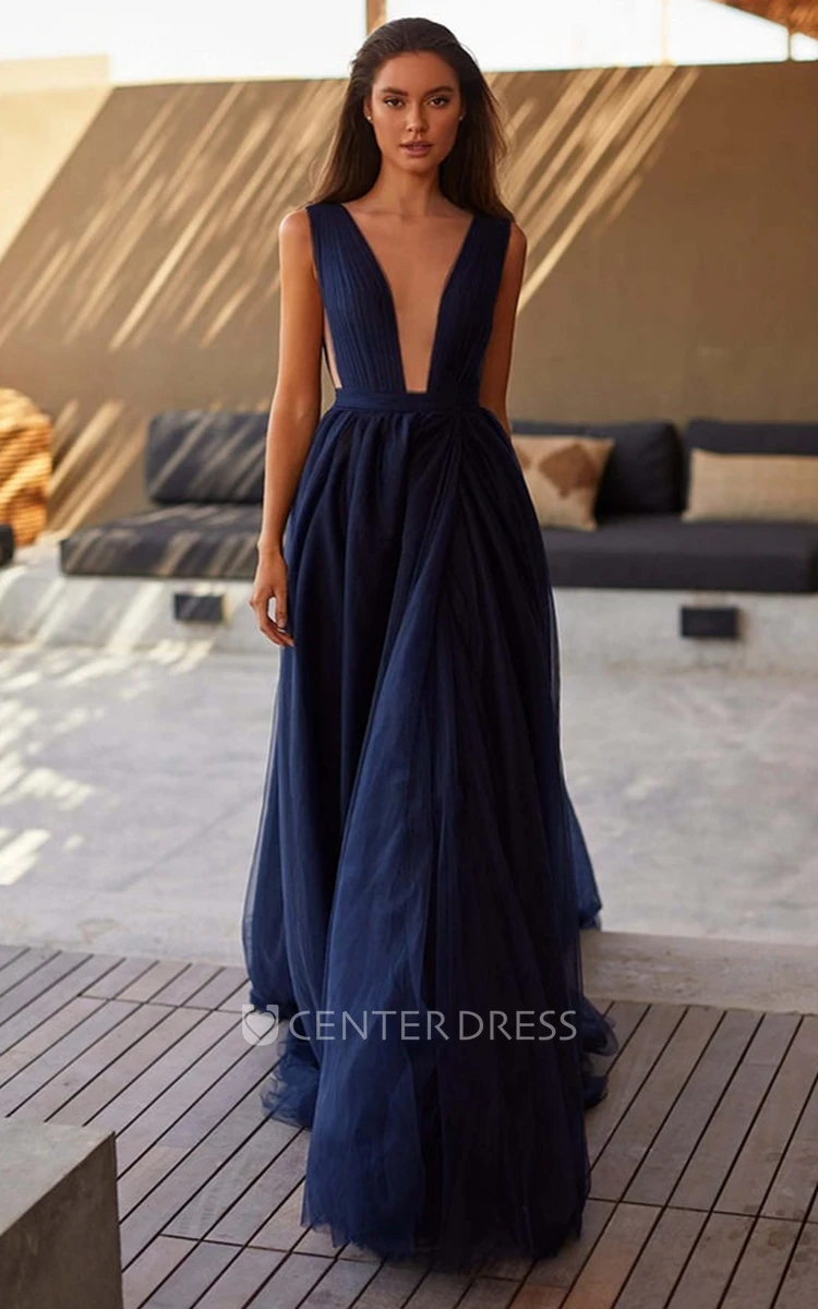 Casual A Line Tulle Sleeveless Evening Dress with Split Front