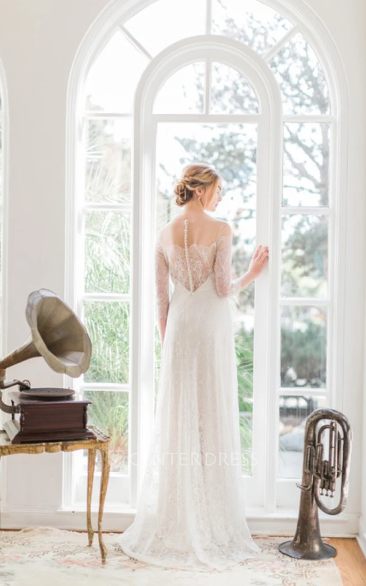 Sheath Off-The-Shoulder Floor-Length 3-4-Sleeve Lace Wedding Dress
