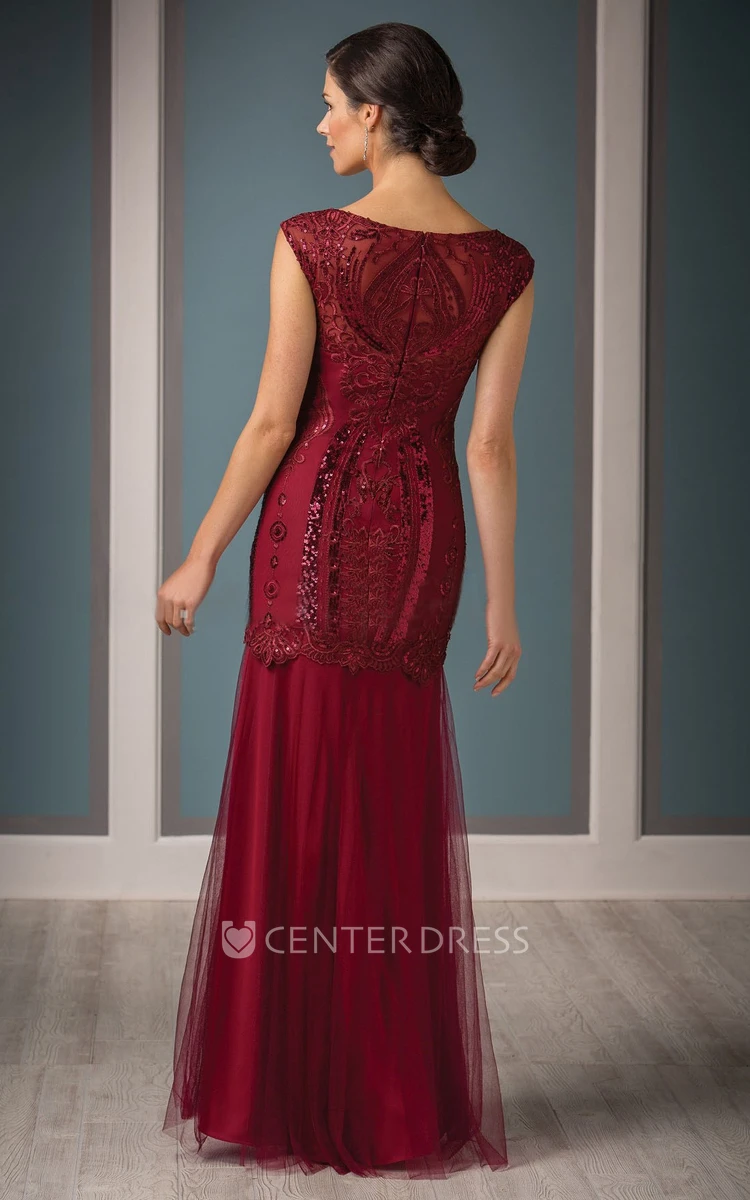Cap-Sleeved Long Mother Of The Bride Dress With Sequins And Embroidery
