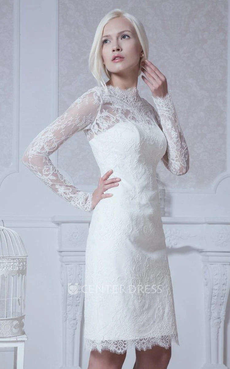 High-Neck Short Sheath Lace Dress With Long Sleeves