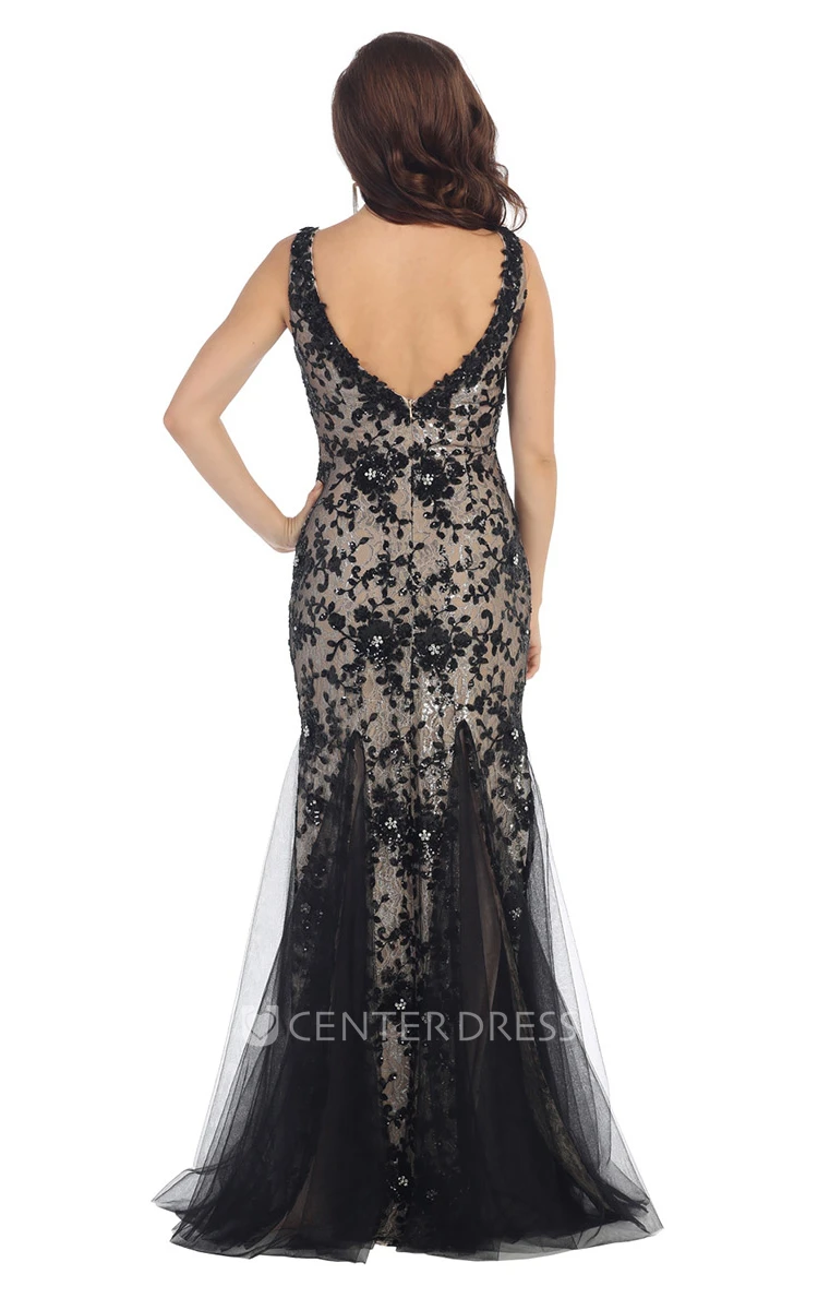 Sheath Long Scoop-Neck Sleeveless Tulle Sequins Low-V Back Dress With Appliques