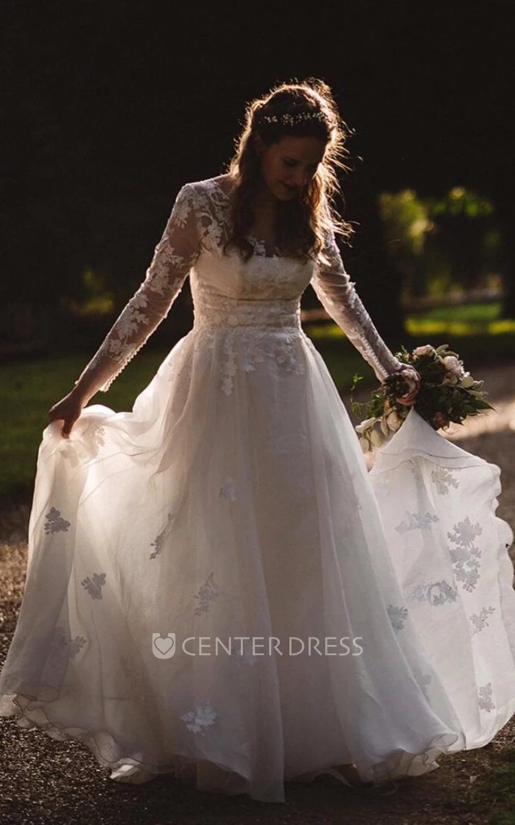 Bateau Tulle A-Line Modern Wedding Dress With Long  Sleeve And Illusion Back Appliques