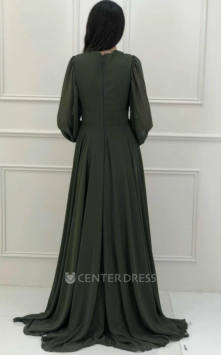 Simple Empire V-neck Chiffon Long Sleeve Evening Dress with Ruching
