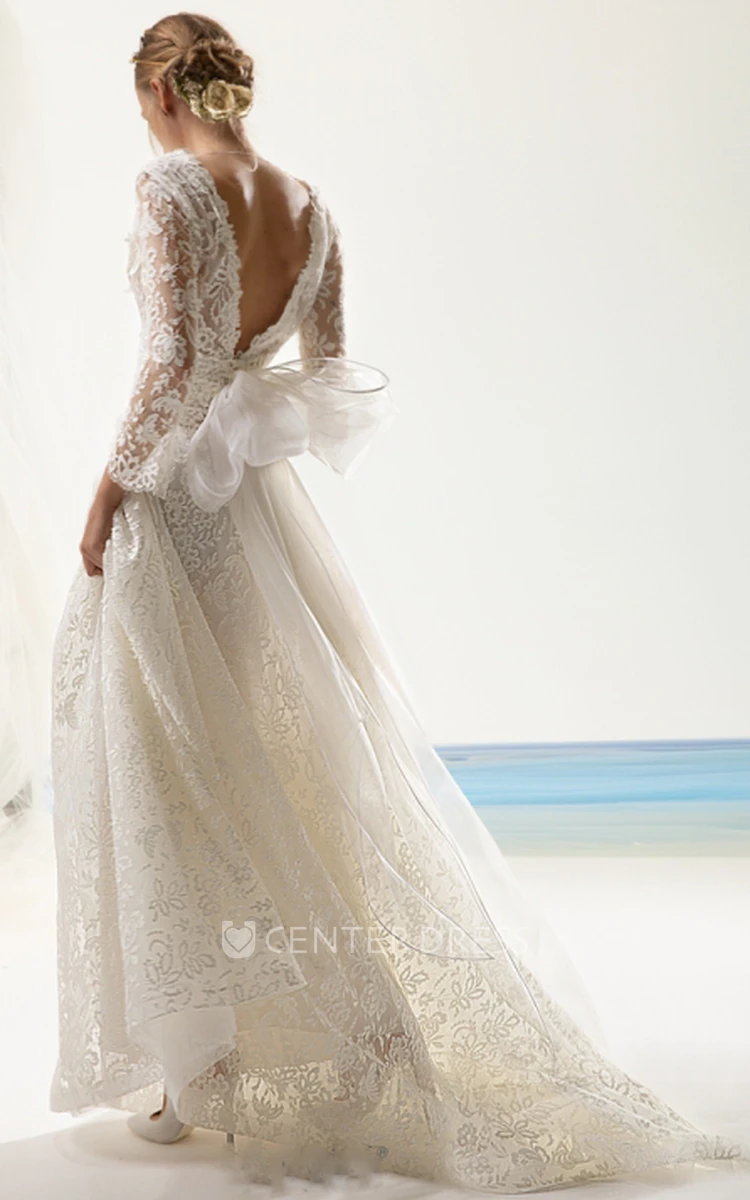 Vintage A Line Floor-length Long Sleeve Lace Wedding Dress with Bow