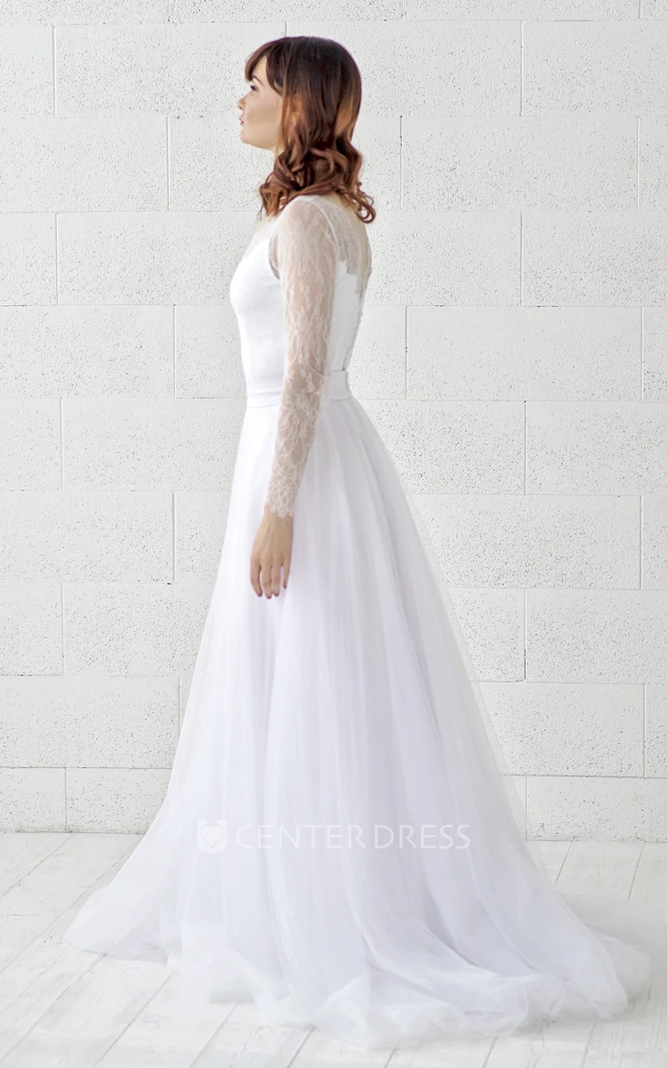 Long Sleeve Illusion Lace Button Back Scalloped Tulle Wedding Dress