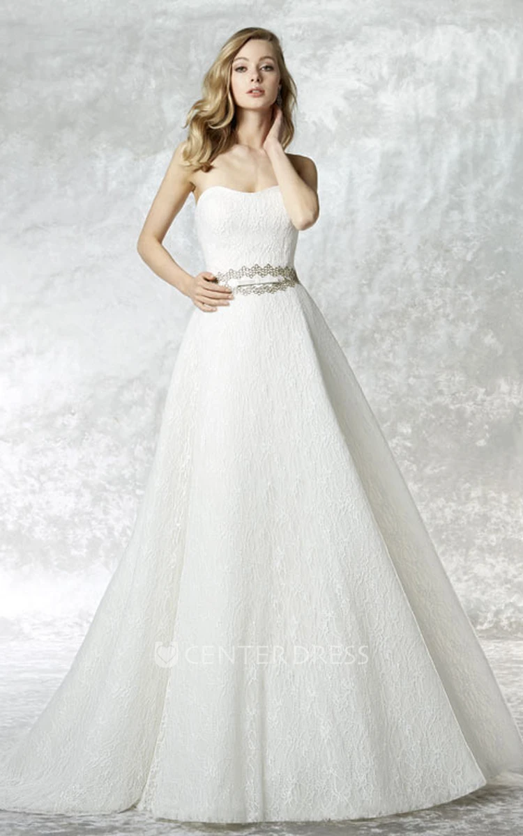 Floor-Length A-Line Jeweled Strapless Lace Wedding Dress With Brush Train