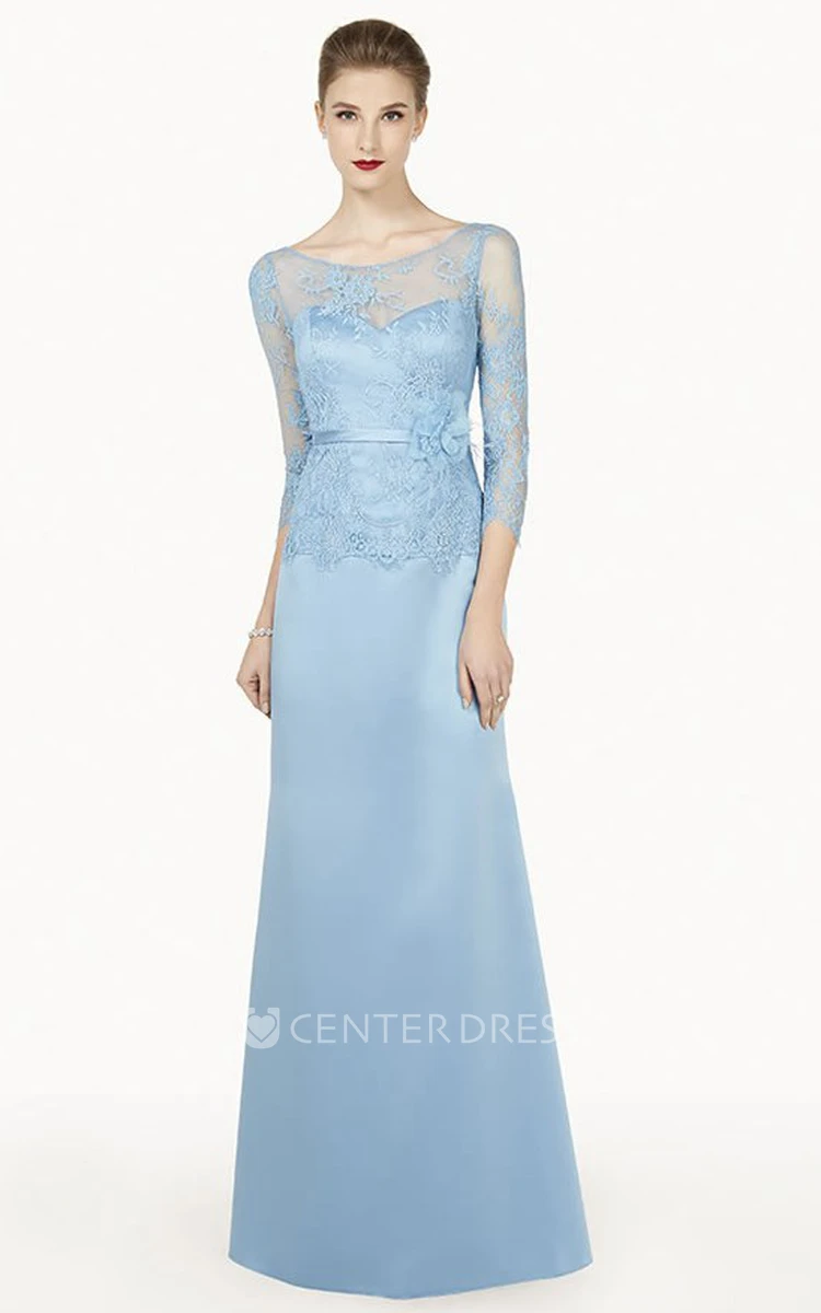 Lace Top Scoop Neck Satin Long Prom Dress With 3-4 Sleeve And Floral Satin Sash
