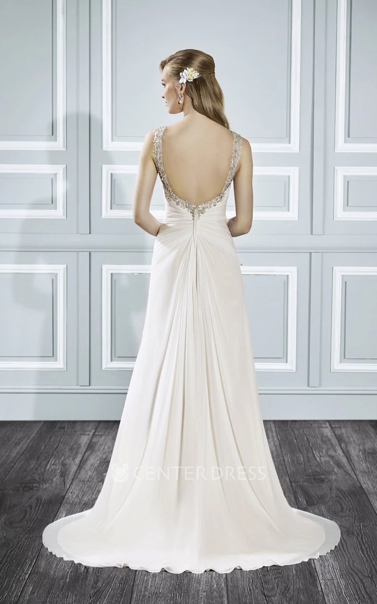 A-Line Sleeveless Criss-Cross Long Wedding Dress With Beading And Draping