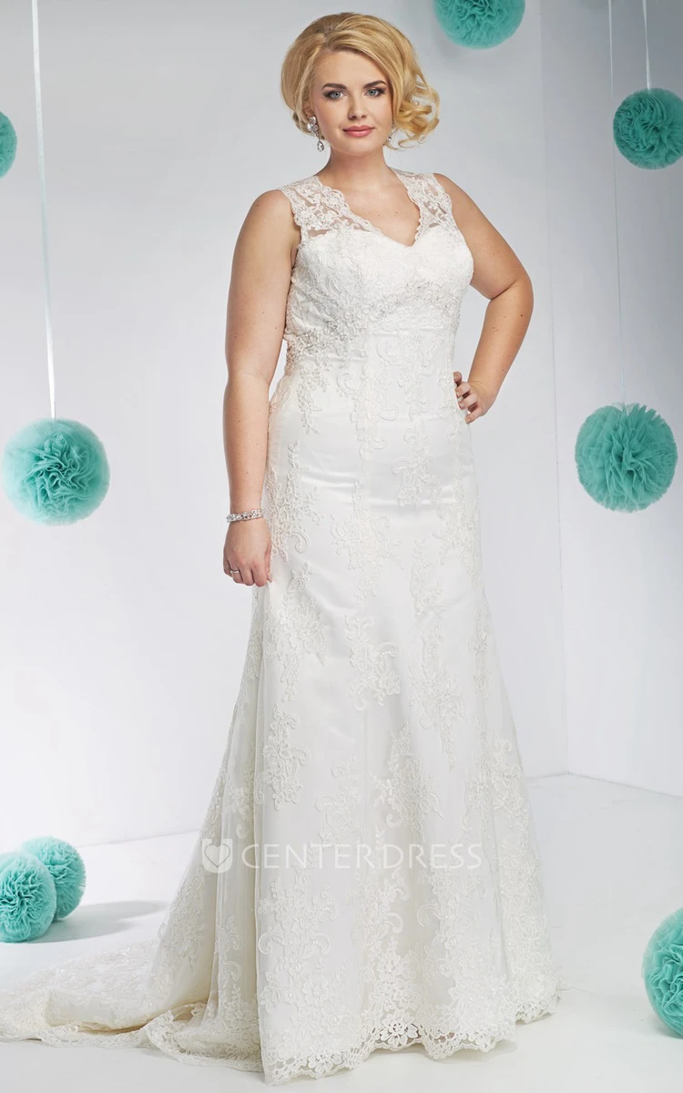 V-Neck Long Appliqued Sleeveless Lace Plus Size Wedding Dress