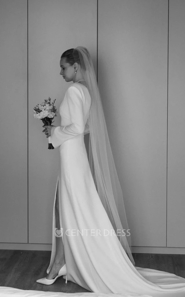 Modest Elegant Long Bell Sleeve A-Line Spring Wedding Dress with Slit Romantic Simple V-Neck Low-V Back Court Trian Bridal Gown