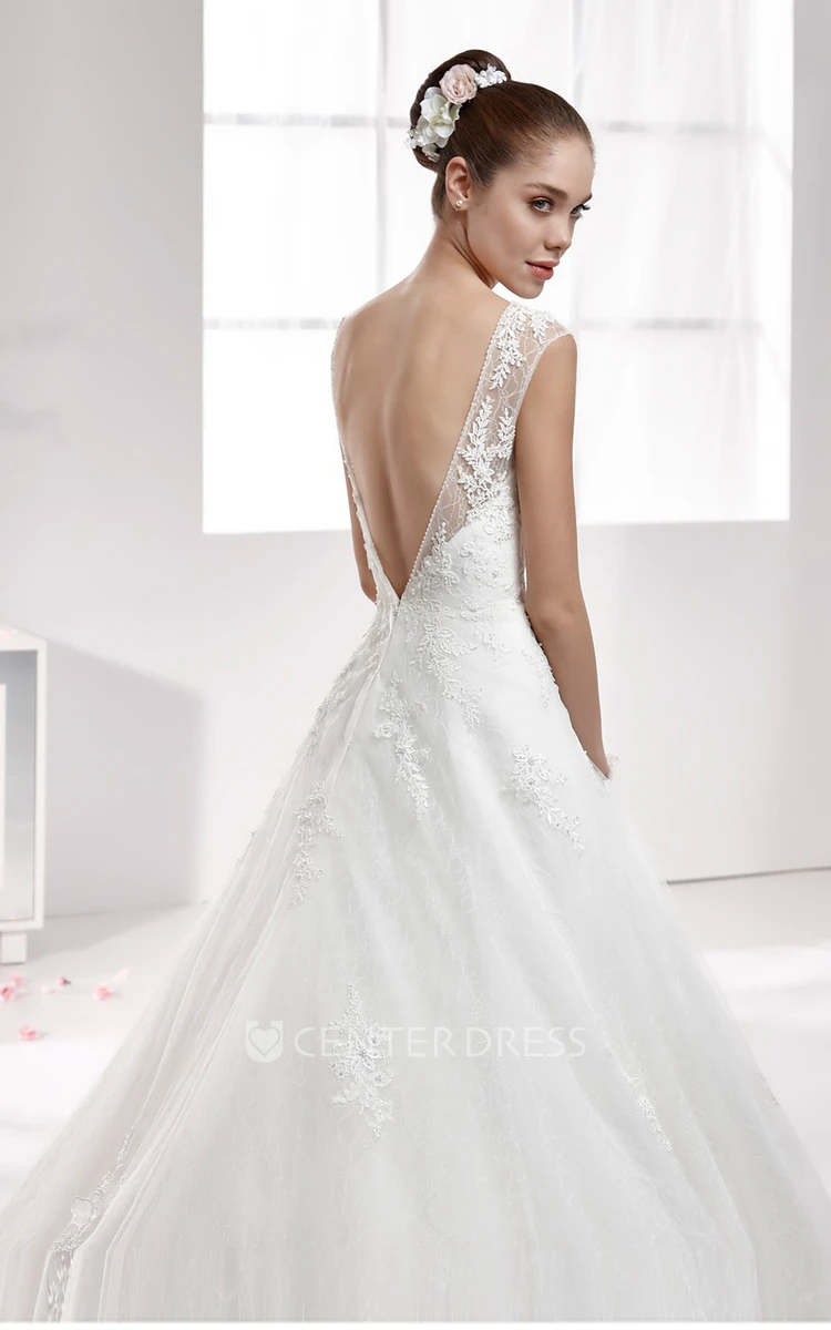 Jewel-Neck A-Line Gown With Cap Sleeve And Backless Design