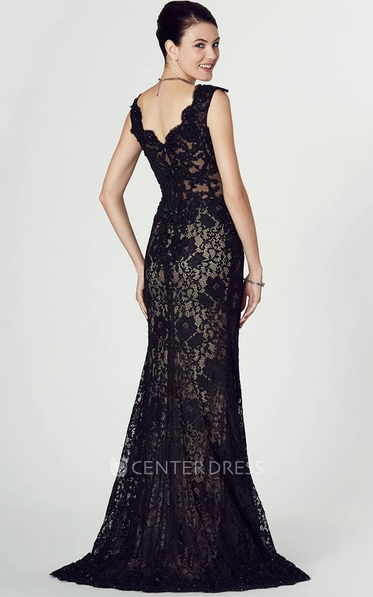 Sheath Split-Front Sleeveless V-Neck Long Lace Prom Dress With Appliques