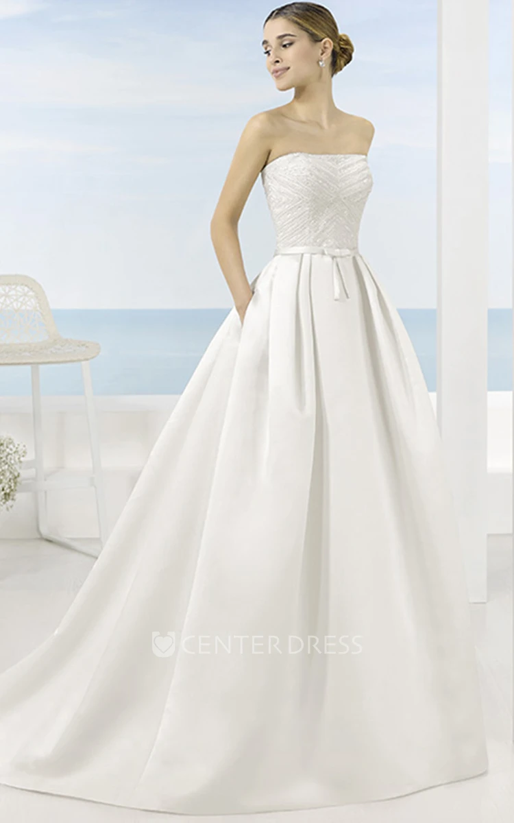 A-Line Beaded Long Sleeveless Strapless Satin Wedding Dress With Chapel Train And Low-V Back
