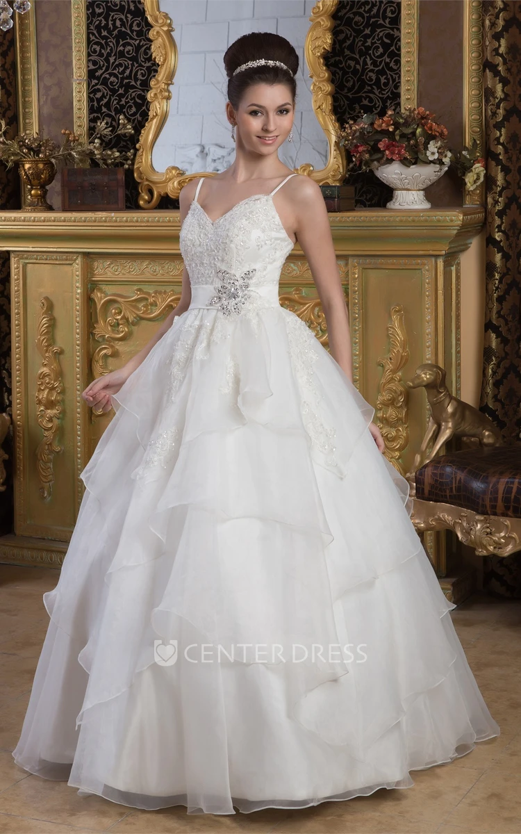 Spaghetti-Straps Lace Organza Ball Gown Wedding Dress with Beading
