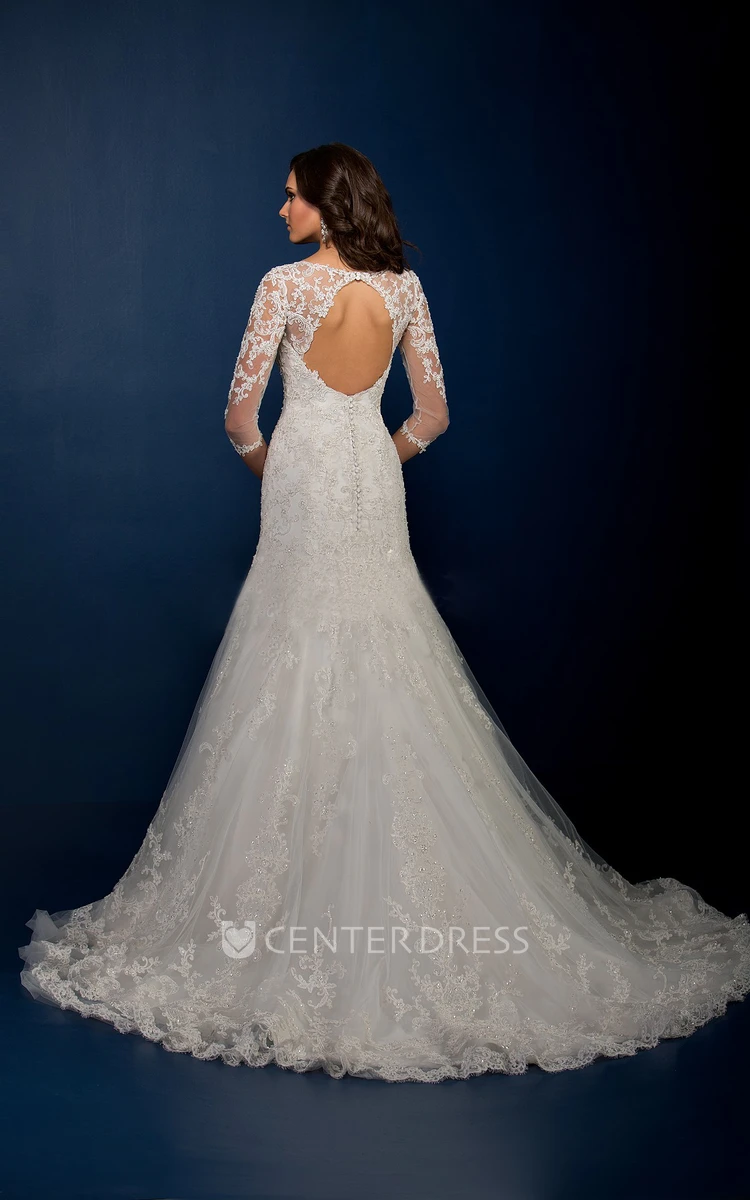 3-4 Sleeved Long Wedding Dress With Keyhole Back And Appliques