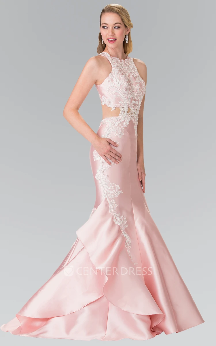 Mermaid Long Jewel-Neck Sleeveless Satin Dress With Appliques And Draping