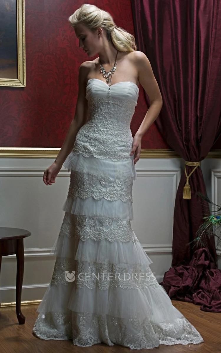 Sheath Sweetheart Long Sleeveless Tiered Lace Wedding Dress With Appliques And Corset Back