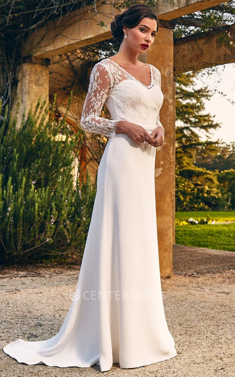 Romantic Long Sleeve Lace Satin Sheath V-neck Floor-length Sweep Train Wedding Dress