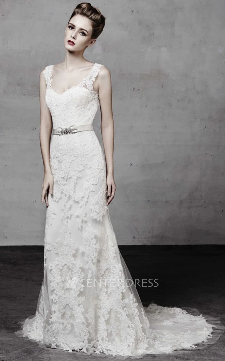 A-Line Sleeveless Appliqued V-Neck Floor-Length Lace Wedding Dress With Waist Jewellery
