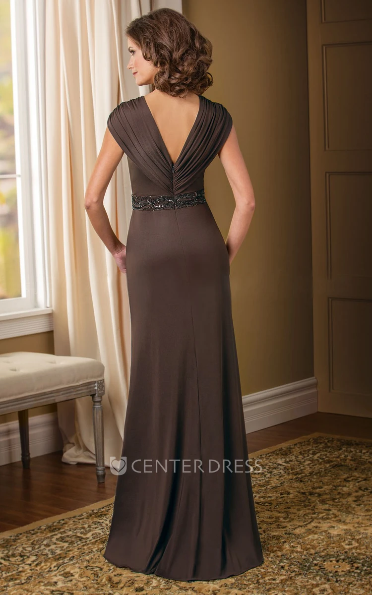 Cap-Sleeved V-Neck Mother Of The Bride Dress With Front Slit And Sequins