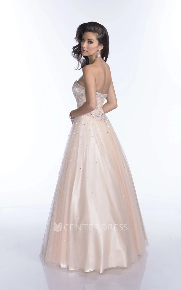 Sleeveless A-Line Sweetheart Tulle Prom Dress With Open Back And Shining Sequins
