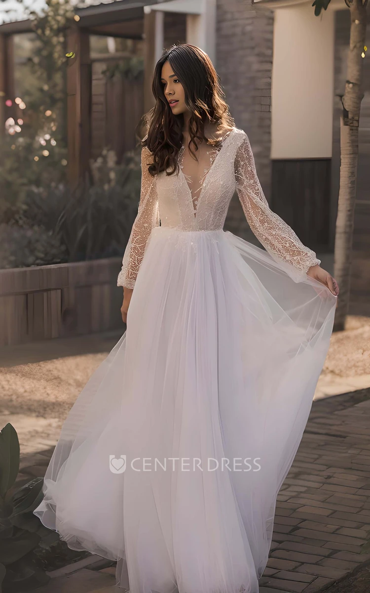 Modern Casual Boho Lace Sequins A-Line Long Sleeve Wedding Dress with Beading Ethereal Flowy Tulle Maxi Low Back Bridal Gown