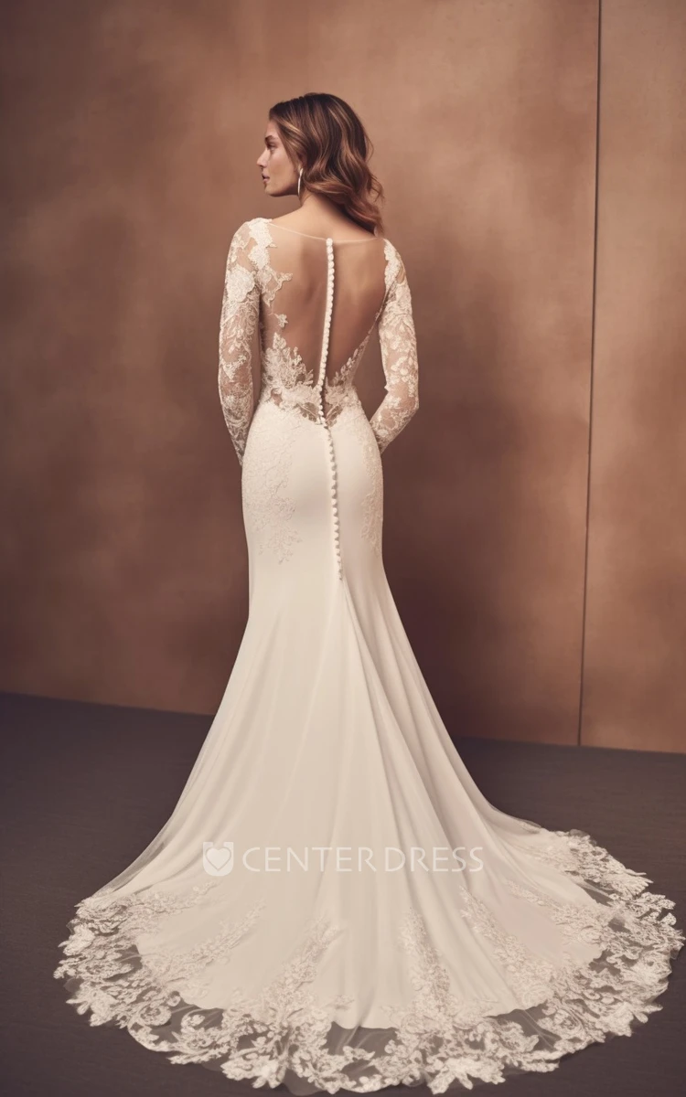 Modest A-Line Long Sleeve Satin Lace Wedding Dress V-neck Garden Court Train