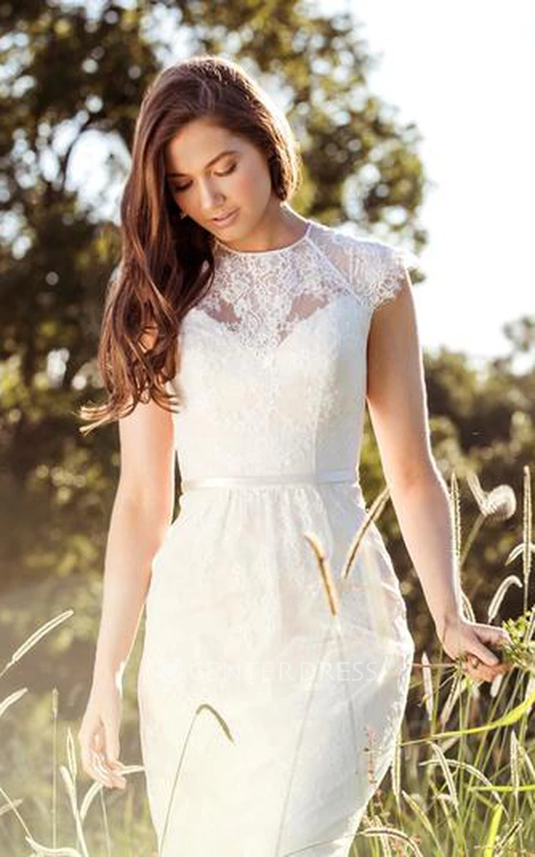 Sheath Scoop-Neck Floor-Length Sleeveless Lace Wedding Dress With Appliques And Illusion